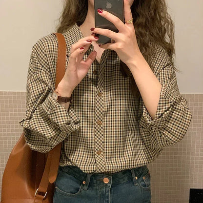 LVSANW Plaid Shirts Women Retro Turn-down Collar Blouses All-match Straight Hong Kong Style Button Up Elegant Long Sleeve Outwear Femme