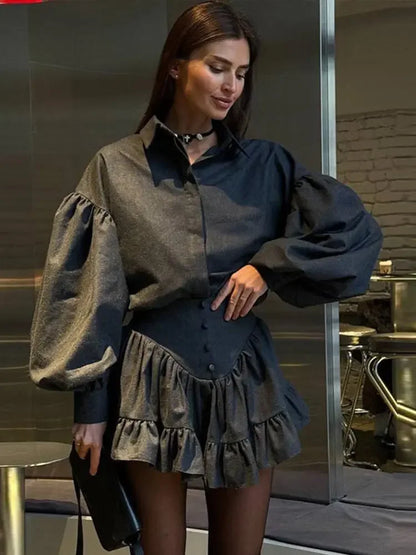 LVSANW Plaid Skirt Sets Women Lapel Lantern Sleeve Single Breasted Shirt Ruffle Hem Mini Skirt Female 2025 Spring Fashion 2 Pieces Set