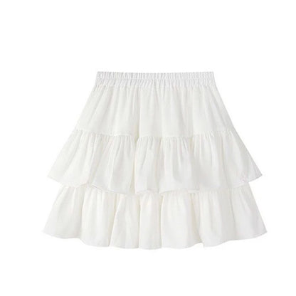 LVSANW Pleated A-Line Skirt Women White Ruffle Sweet Tierred Pretty Style Skirt Elastic Waist Summer Slim Basic Korean Harajuku Dress