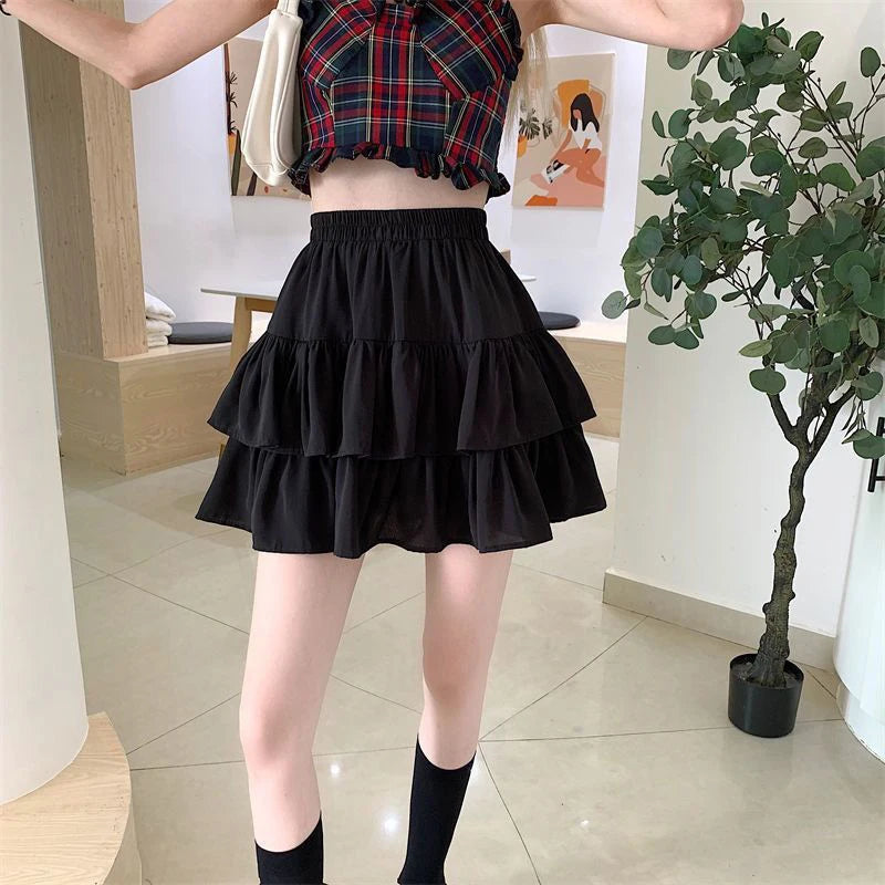 LVSANW Pleated A-Line Skirt Women White Ruffle Sweet Tierred Pretty Style Skirt Elastic Waist Summer Slim Basic Korean Harajuku Dress