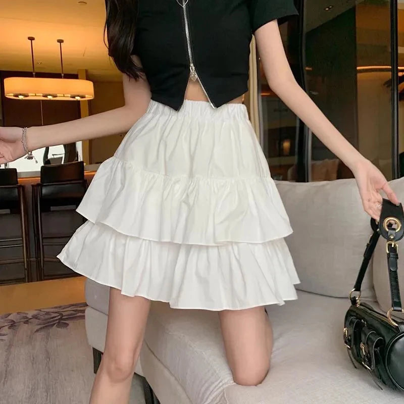 LVSANW Pleated A-Line Skirt Women White Ruffle Sweet Tierred Pretty Style Skirt Elastic Waist Summer Slim Basic Korean Harajuku Dress