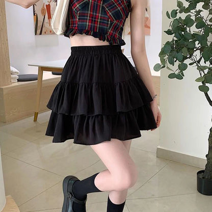 LVSANW Pleated A-Line Skirt Women White Ruffle Sweet Tierred Pretty Style Skirt Elastic Waist Summer Slim Basic Korean Harajuku Dress