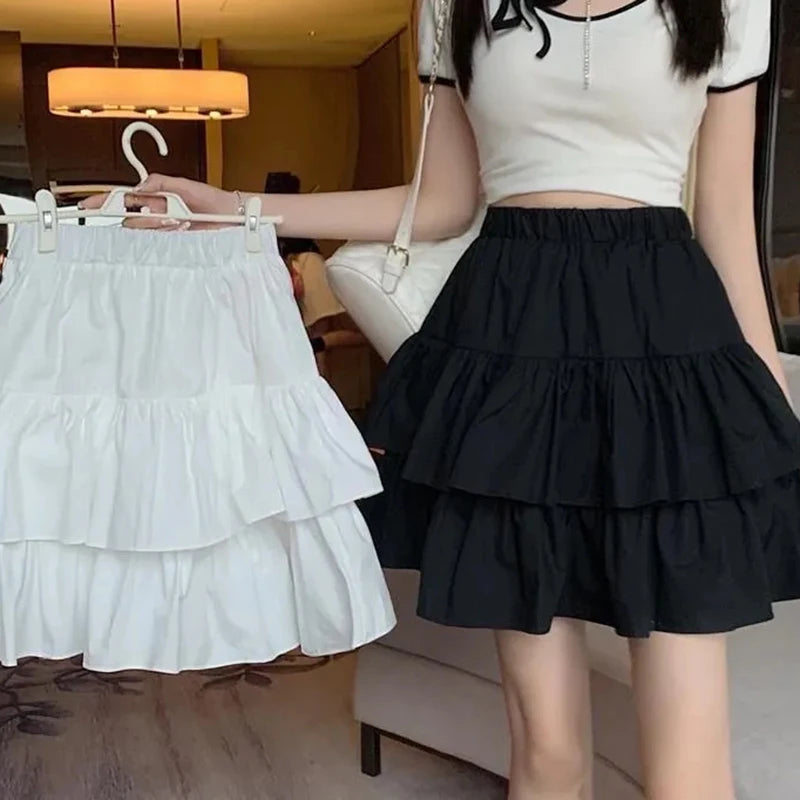 LVSANW Pleated A-Line Skirt Women White Ruffle Sweet Tierred Pretty Style Skirt Elastic Waist Summer Slim Basic Korean Harajuku Dress