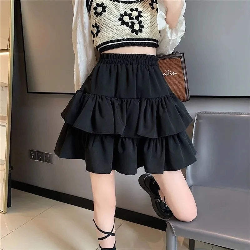 LVSANW Pleated A-Line Skirt Women White Ruffle Sweet Tierred Pretty Style Skirt Elastic Waist Summer Slim Basic Korean Harajuku Dress