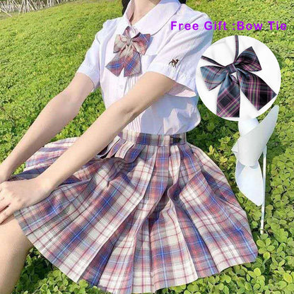 LVSANW Pleated Harajuku Preppy Style Summer Women Skirt Plaid Kawaii Y2K High Waist Dance Bow Skirt Mini Cute Japanese School Uniforms