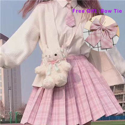 LVSANW Pleated Harajuku Preppy Style Summer Women Skirt Plaid Kawaii Y2K High Waist Dance Bow Skirt Mini Cute Japanese School Uniforms