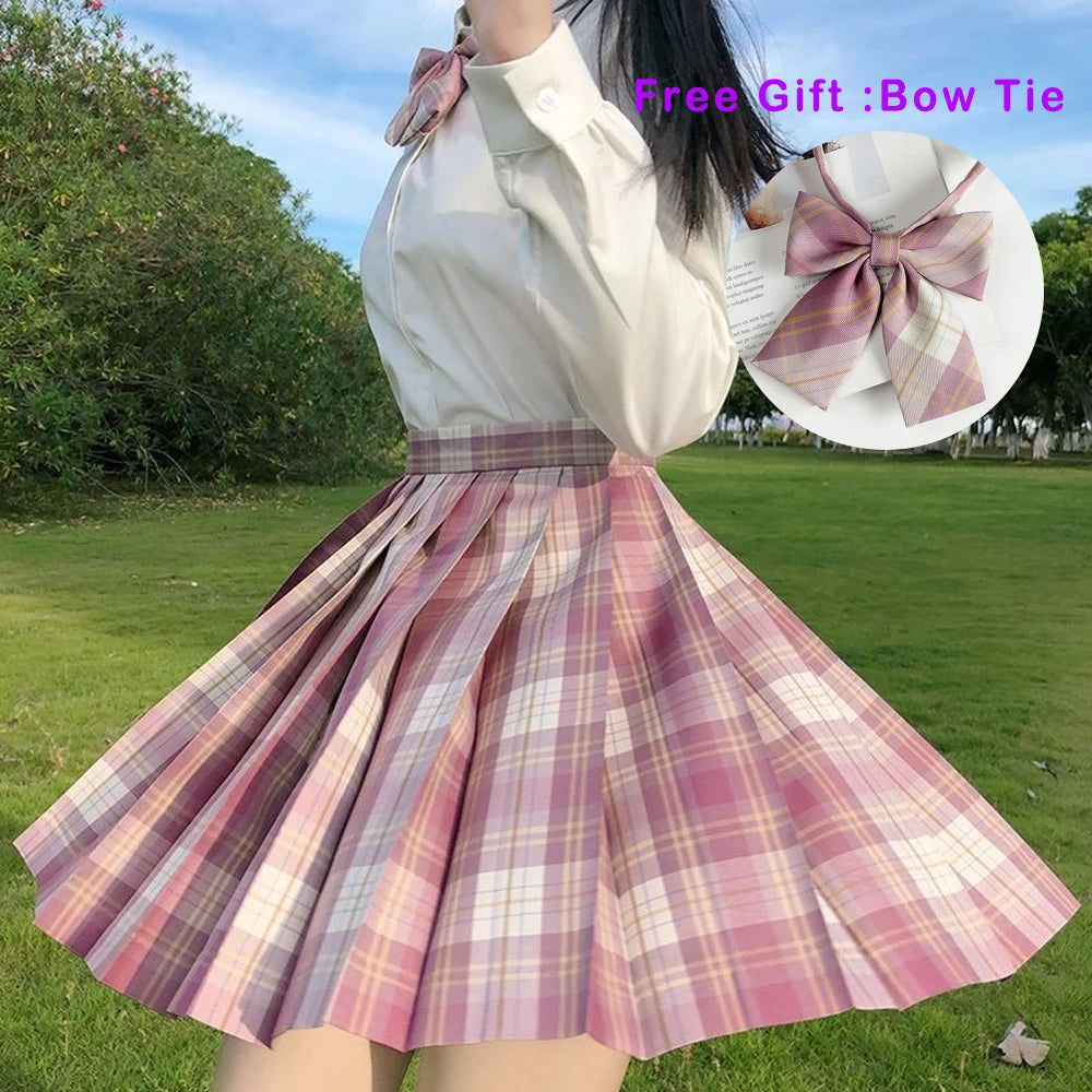 LVSANW Pleated Harajuku Preppy Style Summer Women Skirt Plaid Kawaii Y2K High Waist Dance Bow Skirt Mini Cute Japanese School Uniforms