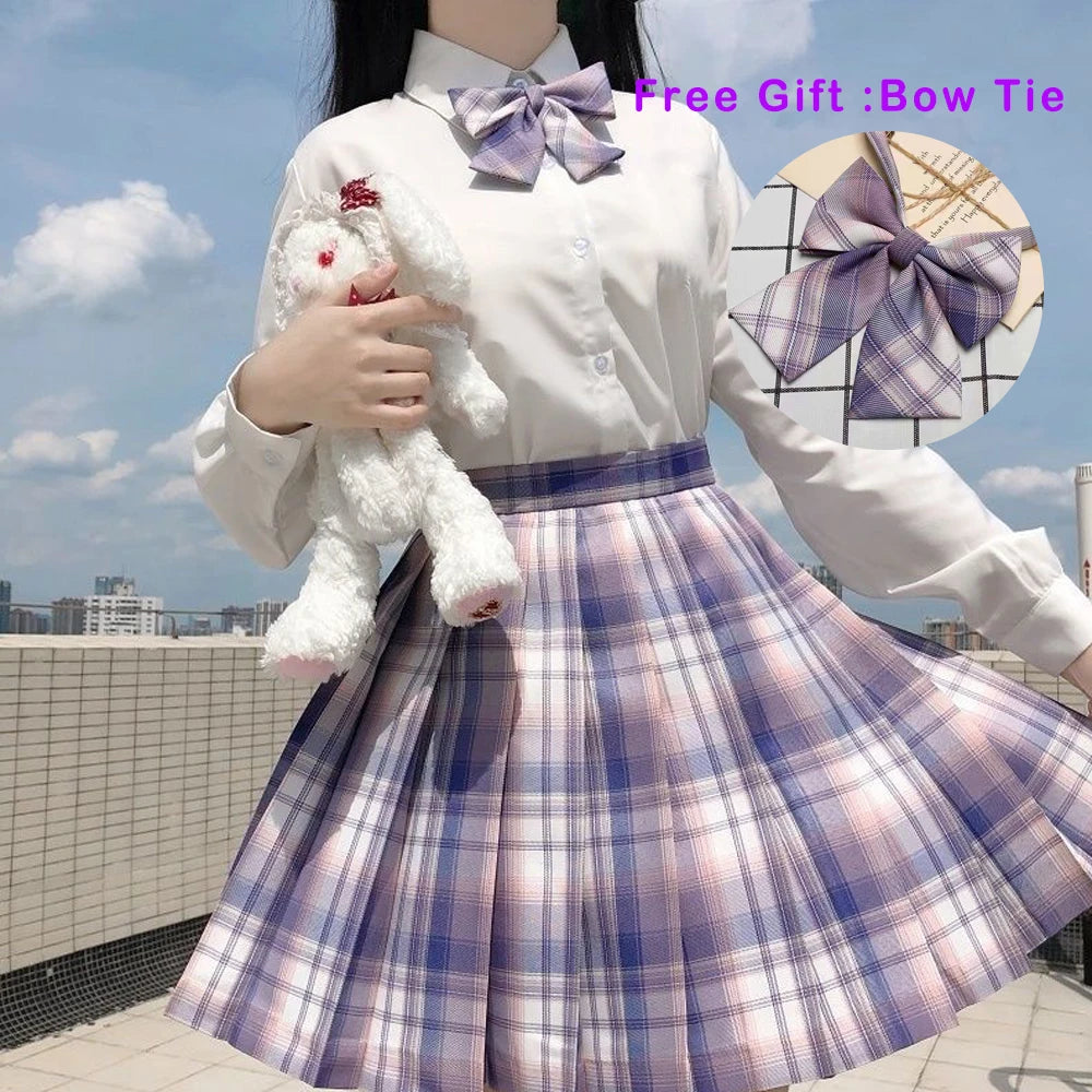 LVSANW Pleated Harajuku Preppy Style Summer Women Skirt Plaid Kawaii Y2K High Waist Dance Bow Skirt Mini Cute Japanese School Uniforms