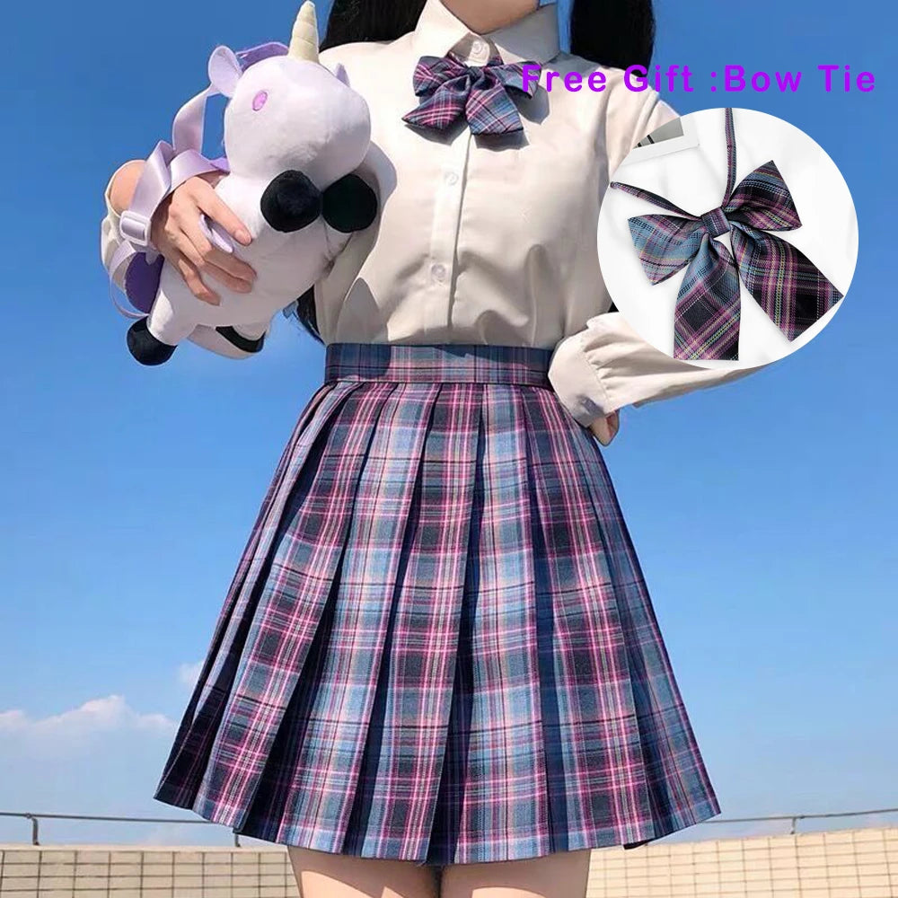 LVSANW Pleated Harajuku Preppy Style Summer Women Skirt Plaid Kawaii Y2K High Waist Dance Bow Skirt Mini Cute Japanese School Uniforms