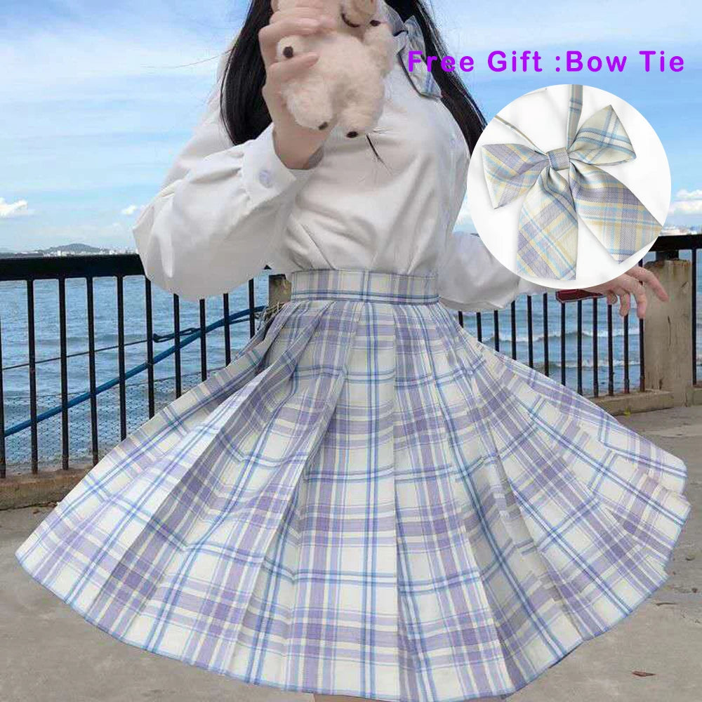 LVSANW Pleated Harajuku Preppy Style Summer Women Skirt Plaid Kawaii Y2K High Waist Dance Bow Skirt Mini Cute Japanese School Uniforms