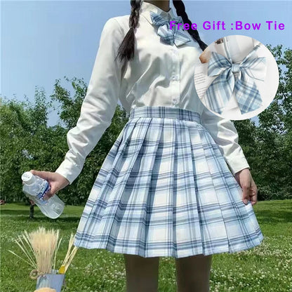 LVSANW Pleated Harajuku Preppy Style Summer Women Skirt Plaid Kawaii Y2K High Waist Dance Bow Skirt Mini Cute Japanese School Uniforms