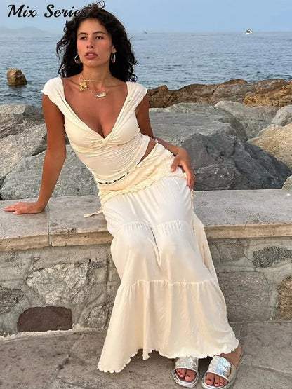 LVSANW Pleated Ruffles Crop Tops Long Skirt Suit Women Sexy Off-shoulder Sleeveless Backless Skirts Set 2024 Summer Lady Beach Outfit