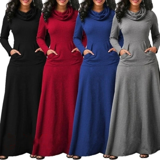 LVSANW Plus Size 5XL Elegant Long Maxi Dress spring Winter Warm High Collar Women Long-sleeved Dress 2024 Woman Clothing With Pocket