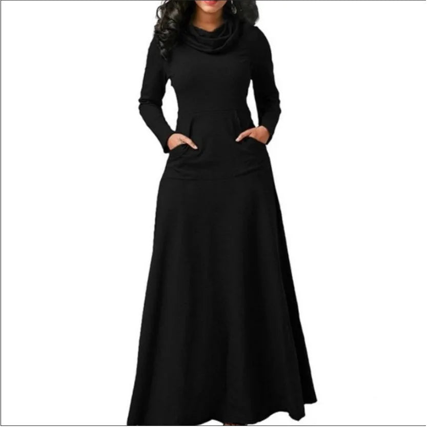 LVSANW Plus Size 5XL Elegant Long Maxi Dress spring Winter Warm High Collar Women Long-sleeved Dress 2024 Woman Clothing With Pocket