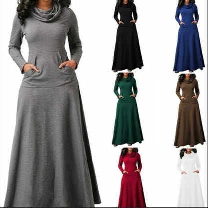 LVSANW Plus Size 5XL Elegant Long Maxi Dress spring Winter Warm High Collar Women Long-sleeved Dress 2024 Woman Clothing With Pocket