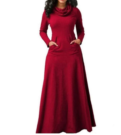 LVSANW Plus Size 5XL Elegant Long Maxi Dress spring Winter Warm High Collar Women Long-sleeved Dress 2024 Woman Clothing With Pocket