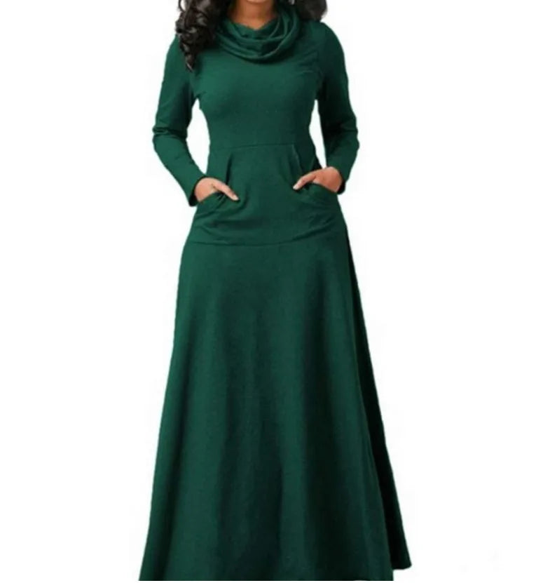 LVSANW Plus Size 5XL Elegant Long Maxi Dress spring Winter Warm High Collar Women Long-sleeved Dress 2024 Woman Clothing With Pocket