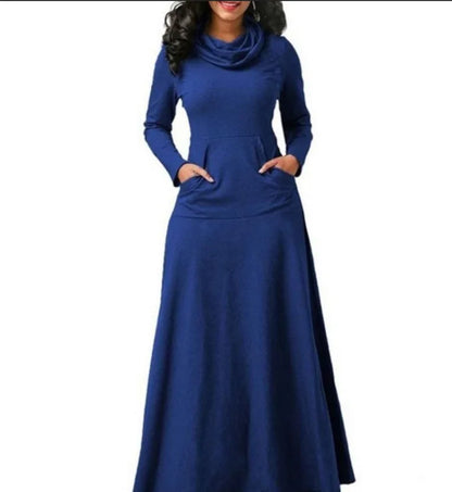 LVSANW Plus Size 5XL Elegant Long Maxi Dress spring Winter Warm High Collar Women Long-sleeved Dress 2024 Woman Clothing With Pocket