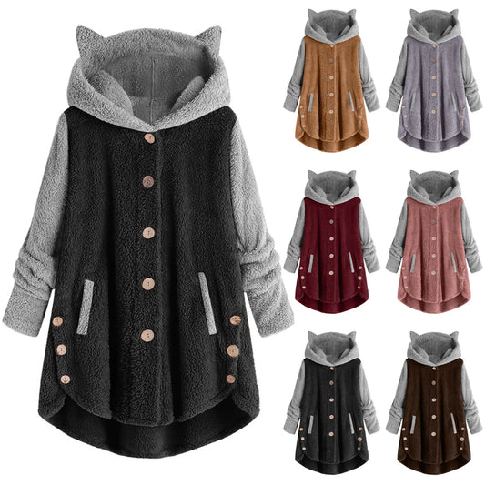 LVSANW Plus Size 5XL Winter Women's Coat Cute Cats Ears Velvet Hooded Irregular Hem Buttons Plush Jacket Fleece Oversized Hoodie Coat