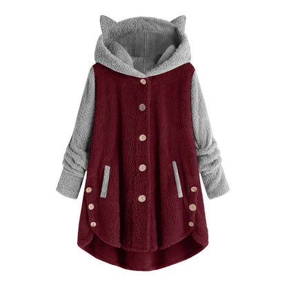 LVSANW Plus Size 5XL Winter Women's Coat Cute Cats Ears Velvet Hooded Irregular Hem Buttons Plush Jacket Fleece Oversized Hoodie Coat