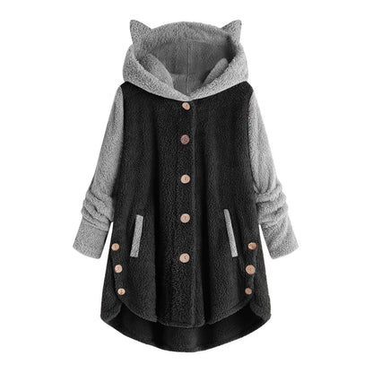 LVSANW Plus Size 5XL Winter Women's Coat Cute Cats Ears Velvet Hooded Irregular Hem Buttons Plush Jacket Fleece Oversized Hoodie Coat