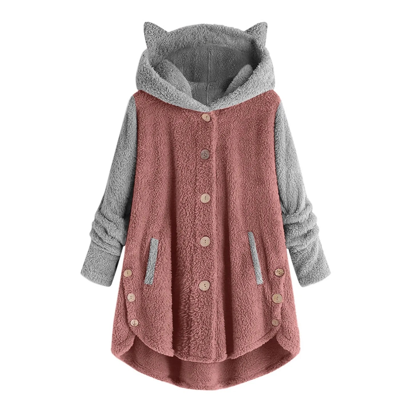 LVSANW Plus Size 5XL Winter Women's Coat Cute Cats Ears Velvet Hooded Irregular Hem Buttons Plush Jacket Fleece Oversized Hoodie Coat