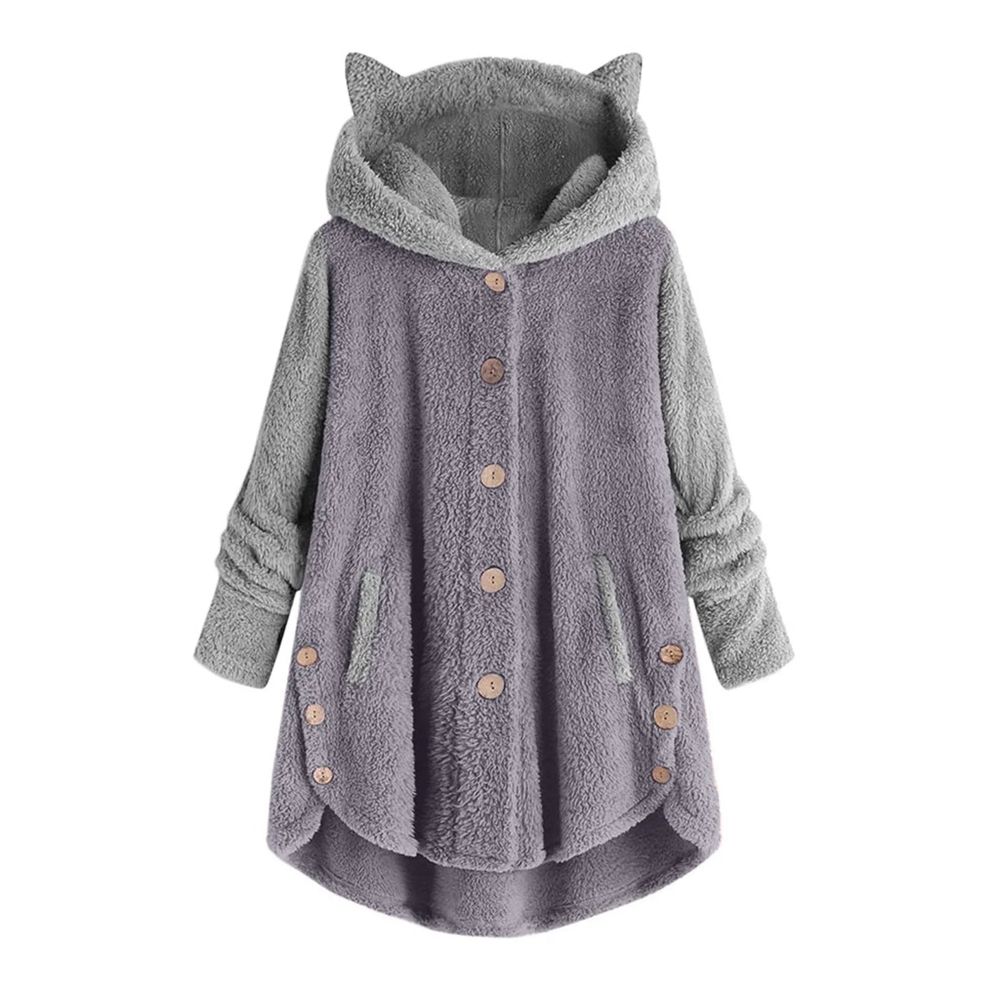 LVSANW Plus Size 5XL Winter Women's Coat Cute Cats Ears Velvet Hooded Irregular Hem Buttons Plush Jacket Fleece Oversized Hoodie Coat