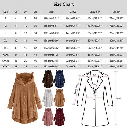 LVSANW Plus Size 5XL Winter Women's Coat Cute Cats Ears Velvet Hooded Irregular Hem Buttons Plush Jacket Fleece Oversized Hoodie Coat