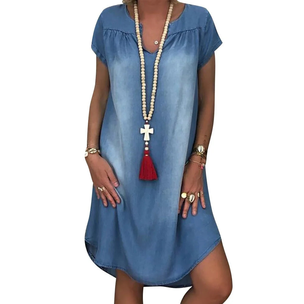 LVSANW Plus Size Denim Dress Women's NEW Fashion Casual Solid Sexy V Neck Long Party Loose платье Short Sleeve Swing Summer Dress