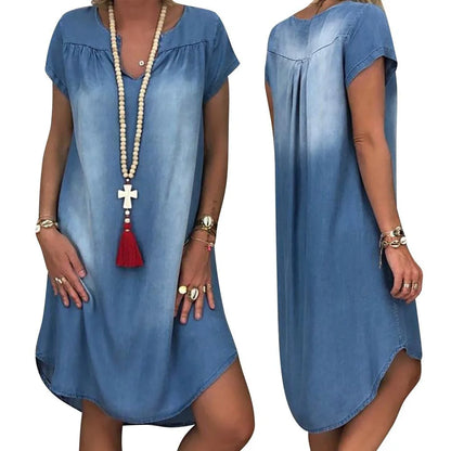 LVSANW Plus Size Denim Dress Women's NEW Fashion Casual Solid Sexy V Neck Long Party Loose платье Short Sleeve Swing Summer Dress