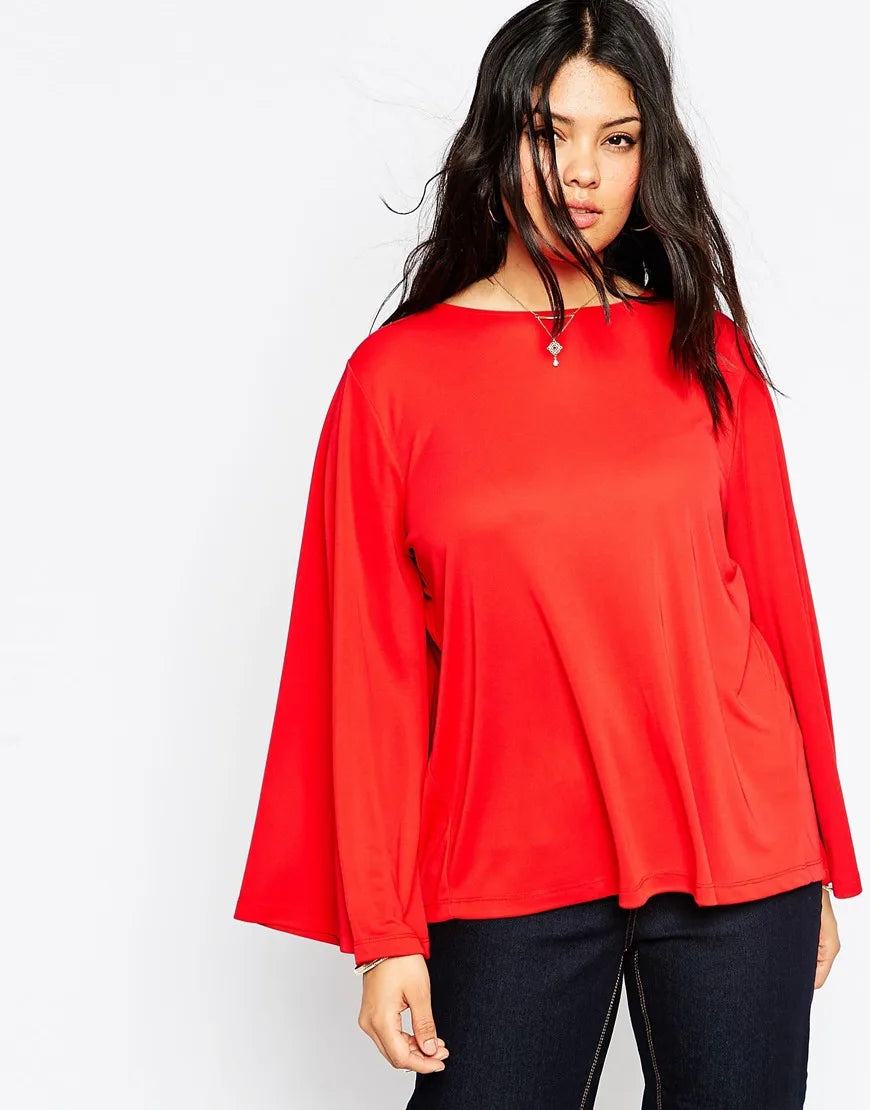 LVSANW Plus Size Long Flare Sleeve T-shirt Women Solid Red Round Neck Spring Autumn Knitting Elegant Casual Top Tee Blouse 5XL 6XL 7XL