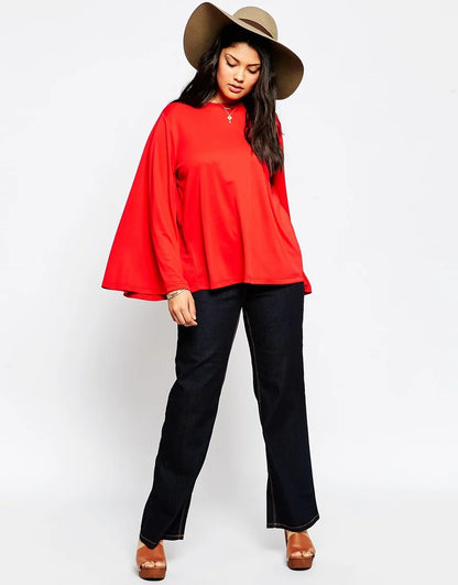 LVSANW Plus Size Long Flare Sleeve T-shirt Women Solid Red Round Neck Spring Autumn Knitting Elegant Casual Top Tee Blouse 5XL 6XL 7XL