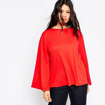 LVSANW Plus Size Long Flare Sleeve T-shirt Women Solid Red Round Neck Spring Autumn Knitting Elegant Casual Top Tee Blouse 5XL 6XL 7XL