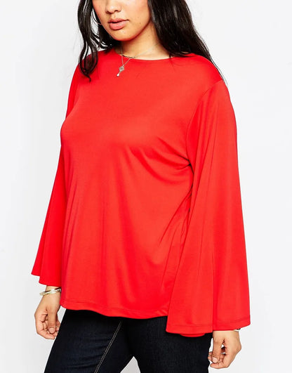 LVSANW Plus Size Long Flare Sleeve T-shirt Women Solid Red Round Neck Spring Autumn Knitting Elegant Casual Top Tee Blouse 5XL 6XL 7XL