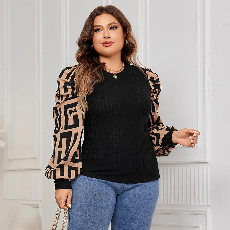 LVSANW Plus Size Long Sleeve Shirt Threaded  Knitwear Office Lady Shirts for Women Autumn Spring Winter Black