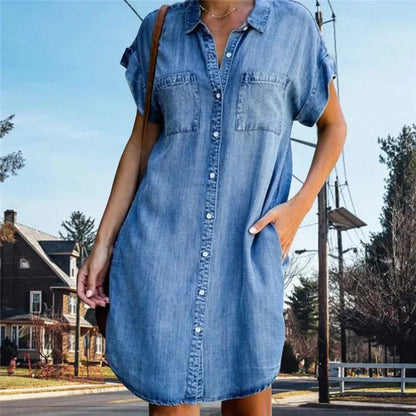 LVSANW Plus Size Women Denim Shirt Dresses Short Sleeve Distressed Jean Dress Button Down Casual Tunic Top