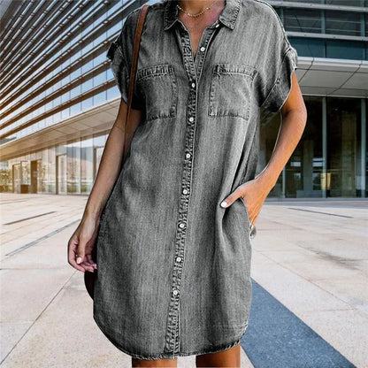 LVSANW Plus Size Women Denim Shirt Dresses Short Sleeve Distressed Jean Dress Button Down Casual Tunic Top