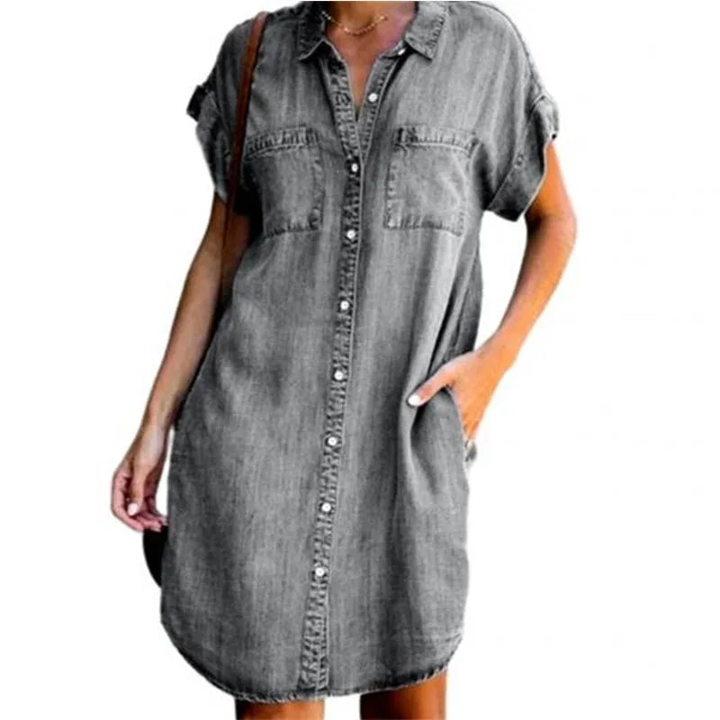 LVSANW Plus Size Women Denim Shirt Dresses Short Sleeve Distressed Jean Dress Button Down Casual Tunic Top