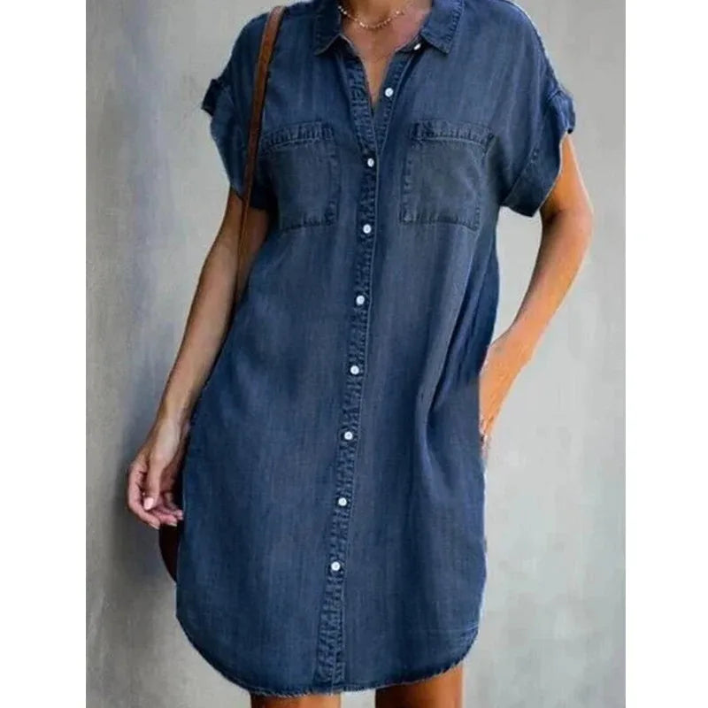 LVSANW Plus Size Women Denim Shirt Dresses Short Sleeve Distressed Jean Dress Button Down Casual Tunic Top