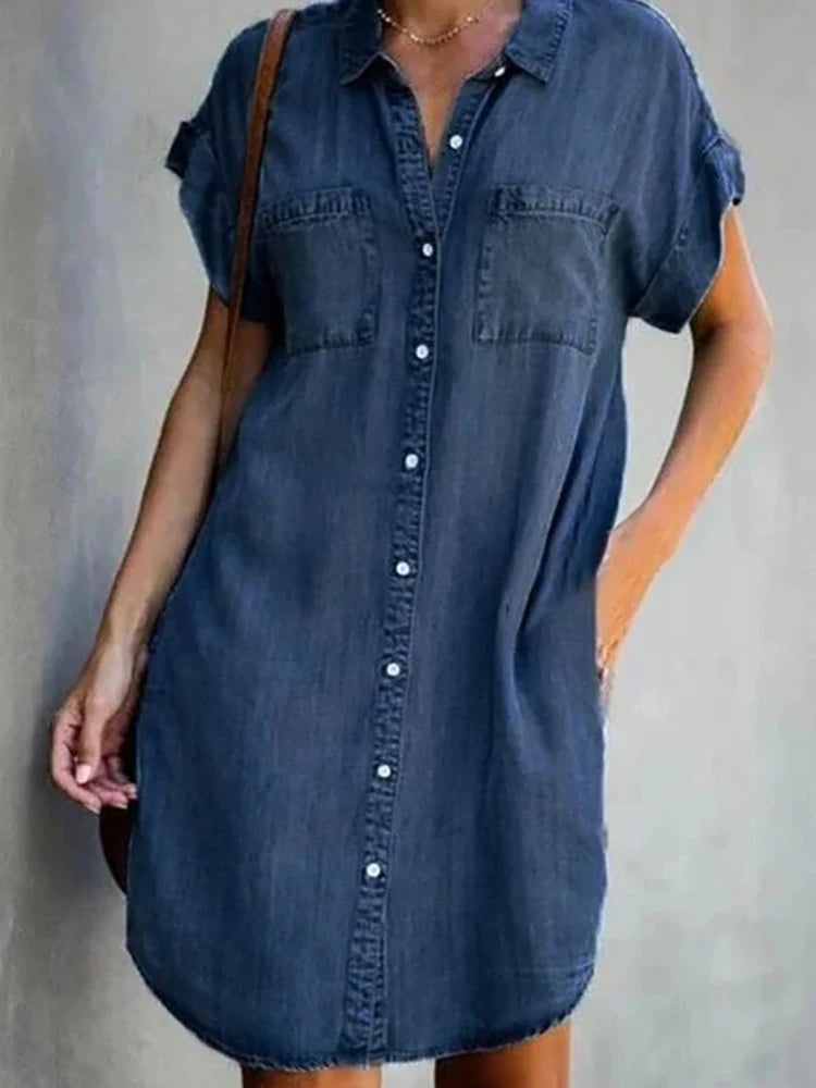 LVSANW Plus Size Women Denim Shirt Dresses Short Sleeve Distressed Jean Dress Button Down Casual Tunic Top