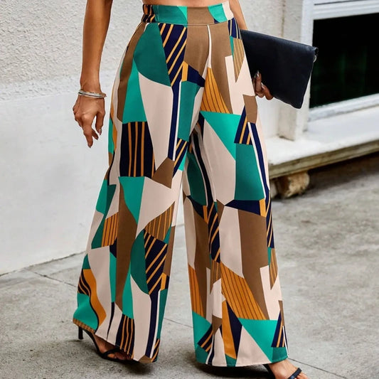 LVSANW Plus Size Women's High Waisted Geometric Wide Leg Pants with Elegant and Loose Temperament, Casual Wide Leg Pants