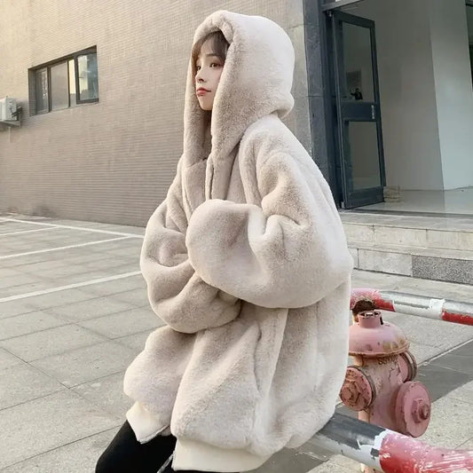 LVSANW Plush jacket women winter imitation Rex rabbit fur grass mid-length large size loose thick hooded women jacket