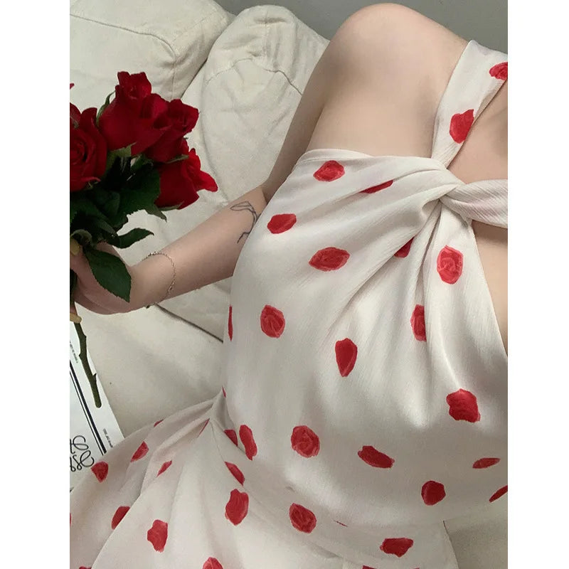 LVSANW Polka dot dress, women's minimalist new French style neck hanging design, feeling long skirt