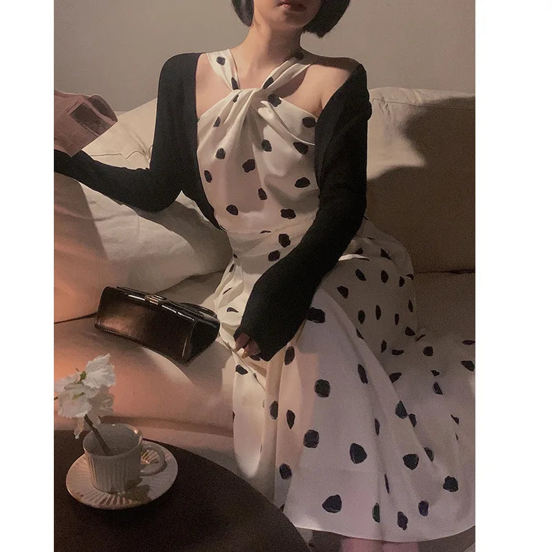 LVSANW Polka dot dress, women's minimalist new French style neck hanging design, feeling long skirt