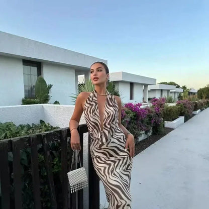 LVSANW Popular Zebra Pattern Mesh Hanging Neck Bareback Dress with Silk Mesh Print Long Dress, V-neck Sexy Slimming Bareback Dress