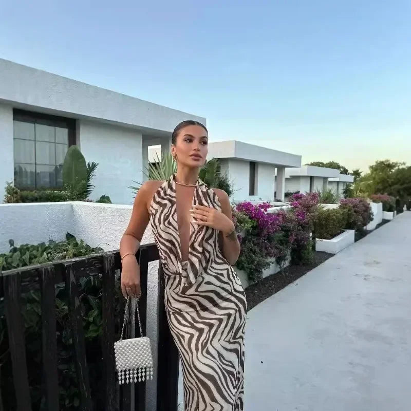 LVSANW Popular Zebra Pattern Mesh Hanging Neck Bareback Dress with Silk Mesh Print Long Dress, V-neck Sexy Slimming Bareback Dress