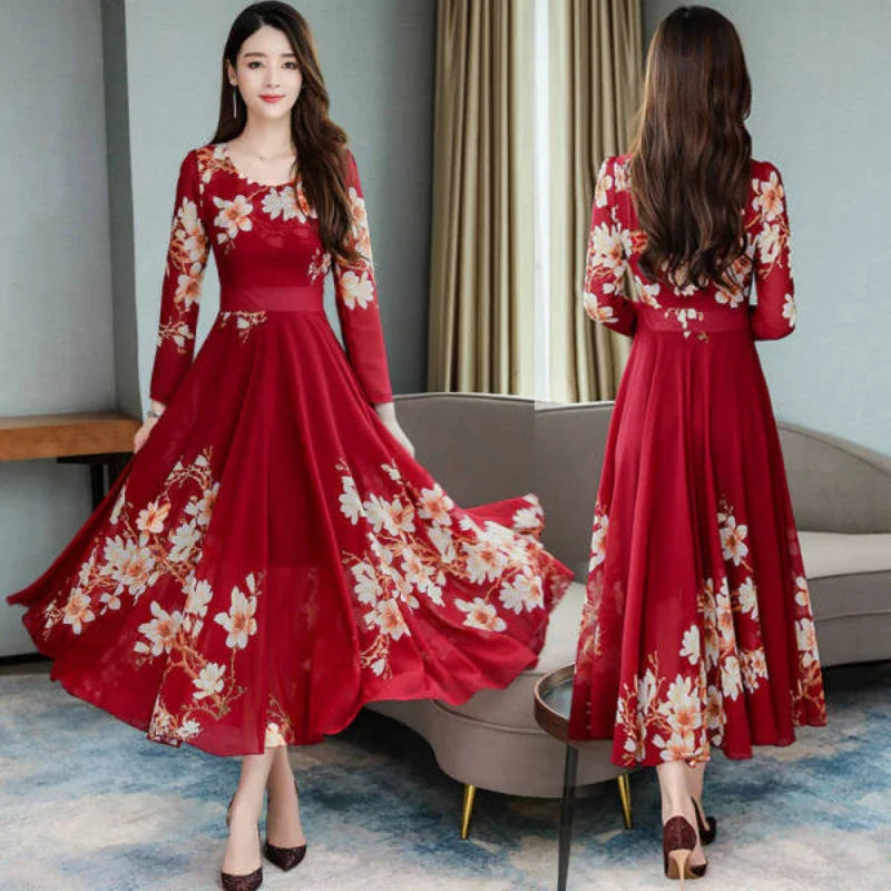 LVSANW Popular spring and autumn temperament long sleeved floral medium and long women's dress