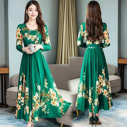 LVSANW Popular spring and autumn temperament long sleeved floral medium and long women's dress