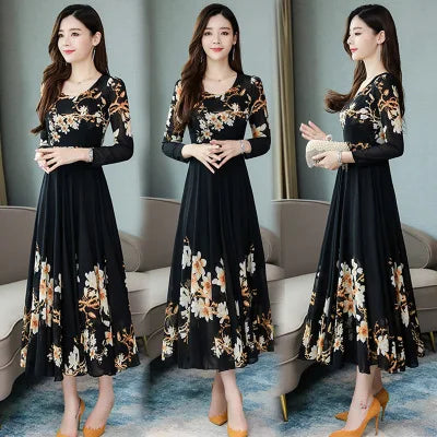 LVSANW Popular spring and autumn temperament long sleeved floral medium and long women's dress