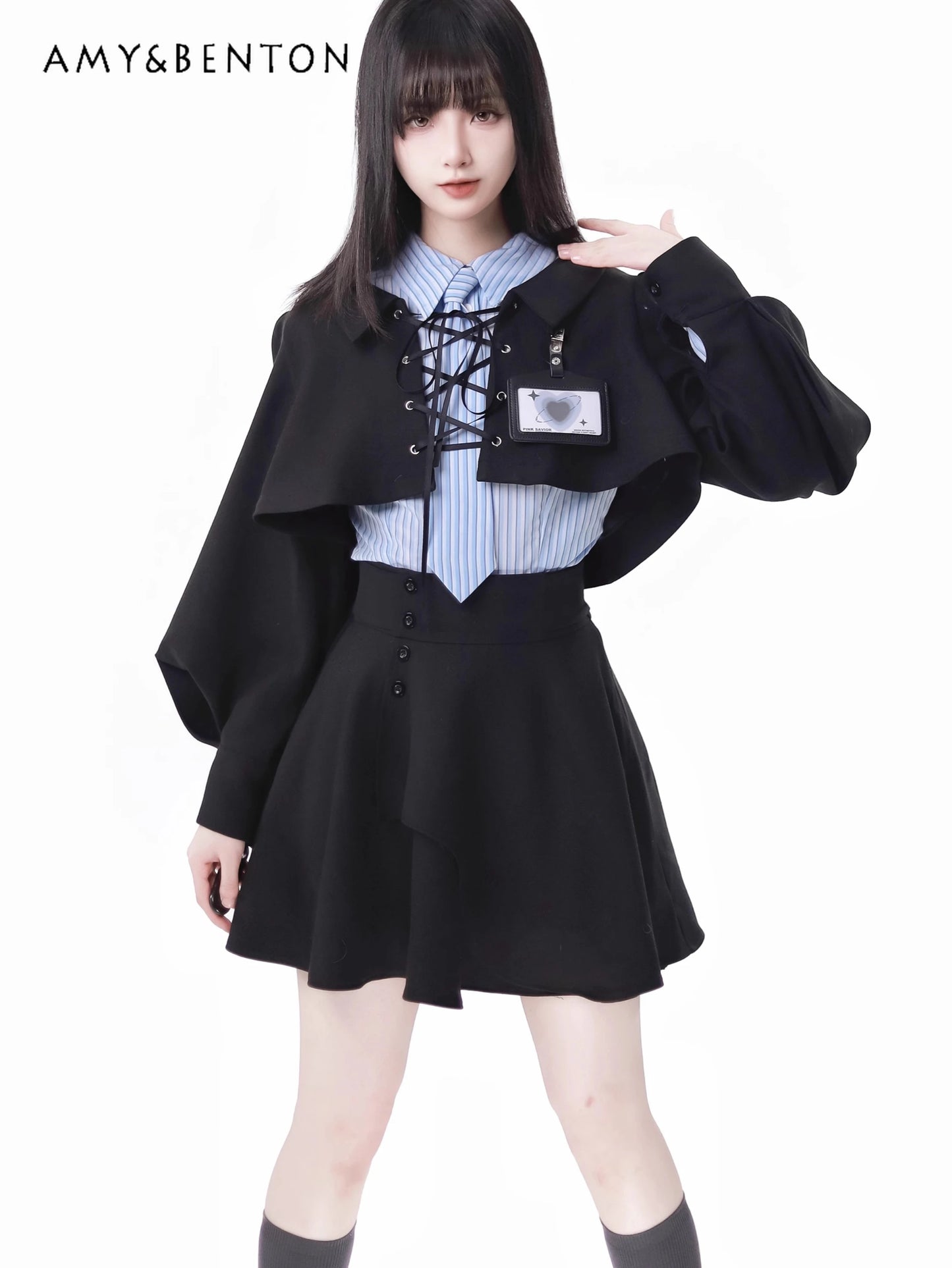 LVSANW Preppy Style Harajuku Batwing Sleeve Coat Striped Shirt Mini Skirt Three-Piece Set Women Spring New Elegant OL Hot Girl Outfits